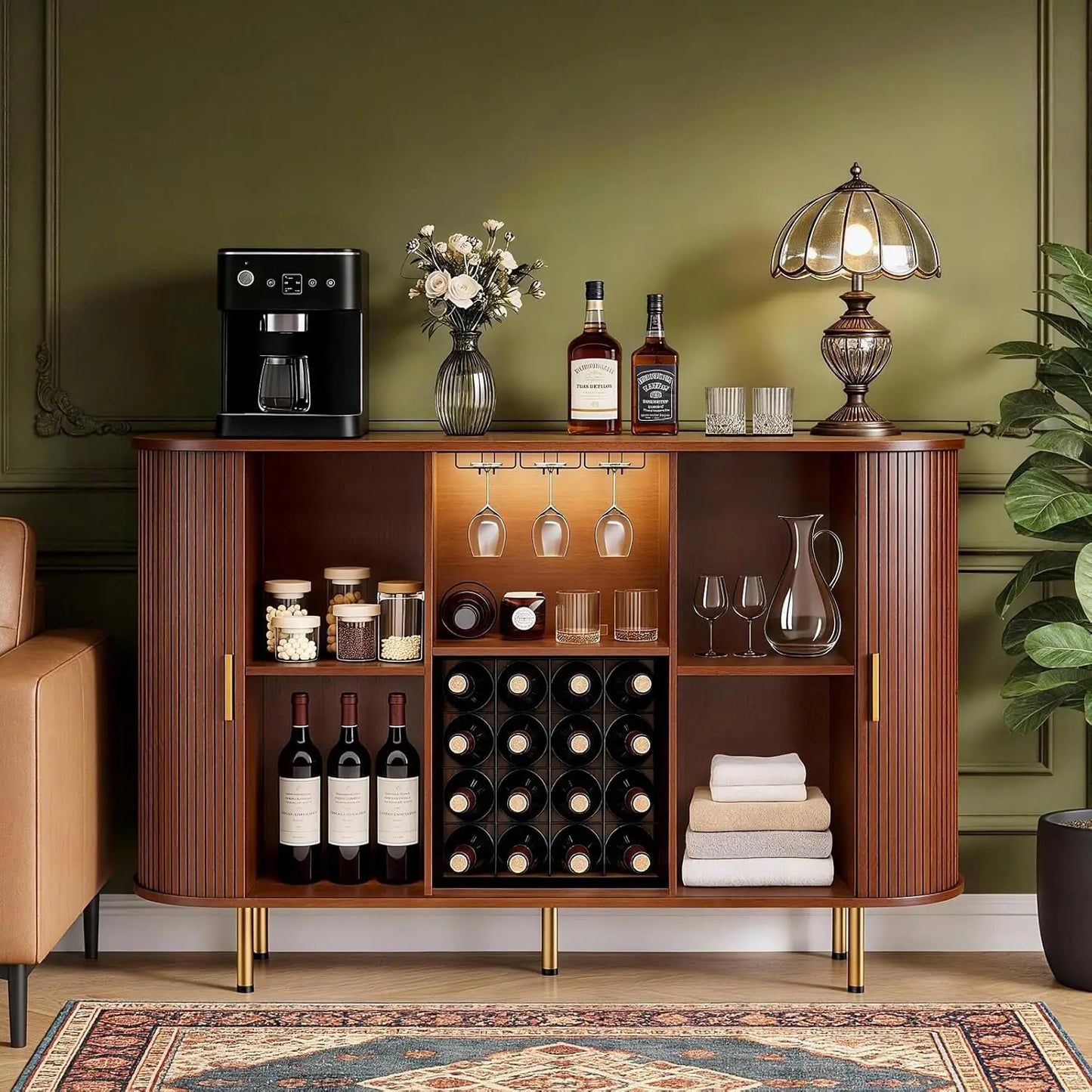 55" Fluted Liquor & Coffee Bar Cabinet with Wine Rack and Glass Holder