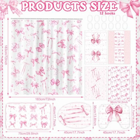 8 Pcs Pink Bow Shower Curtain Set