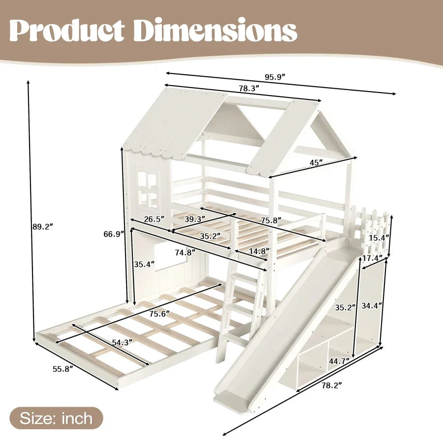 Twin over Full House Bunk Bed with Ladders and Slide