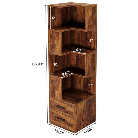 5-Tier Corner Bookshelf with 2 Drawers