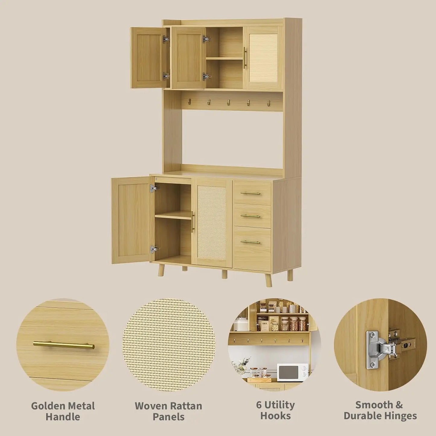 Rattan Kitchen Pantry Cabinet with 3 Drawers & Adjustable Shelves