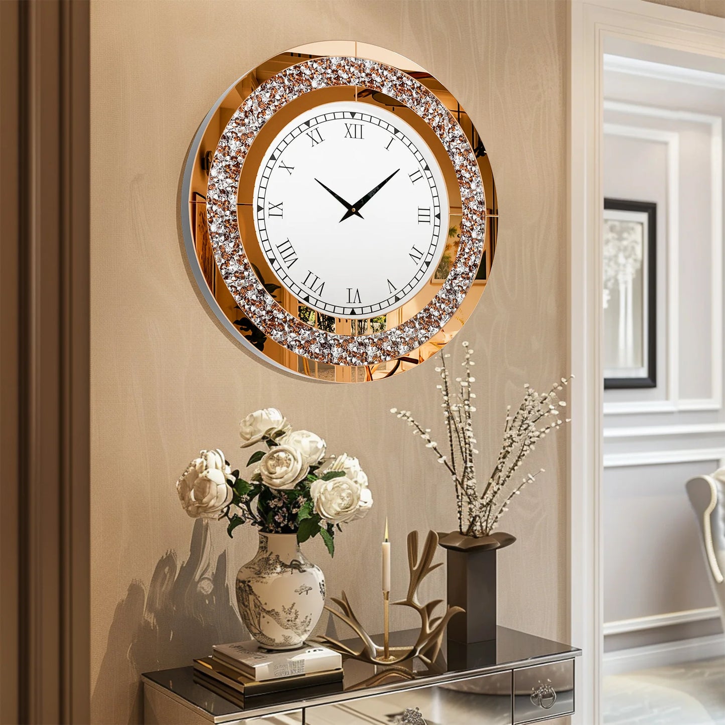 Silver, Tawny Tinted Mirrored Wall Clock with Sparkle Crush Diamond