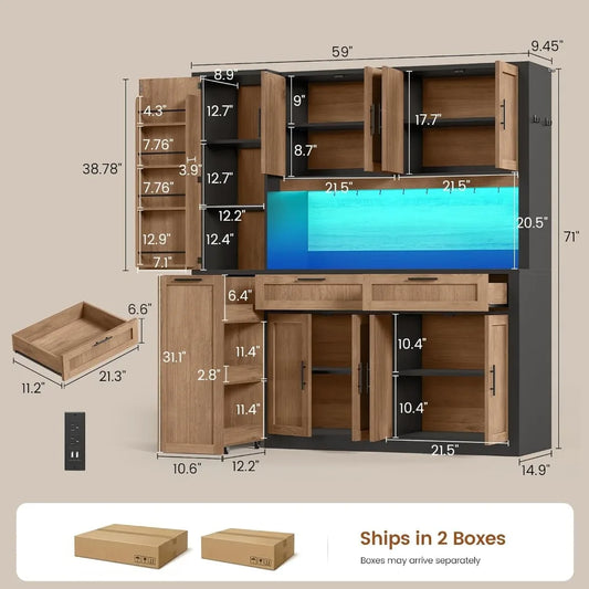 71" Kitchen Pantry Cabinet with Charging Station & LED Light