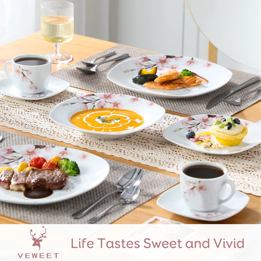 30/24/20 Pcs Porcelain Pink Floral Plates Dinner Set with Dinner Plate/Dessert/Soup/Cup/Saucer