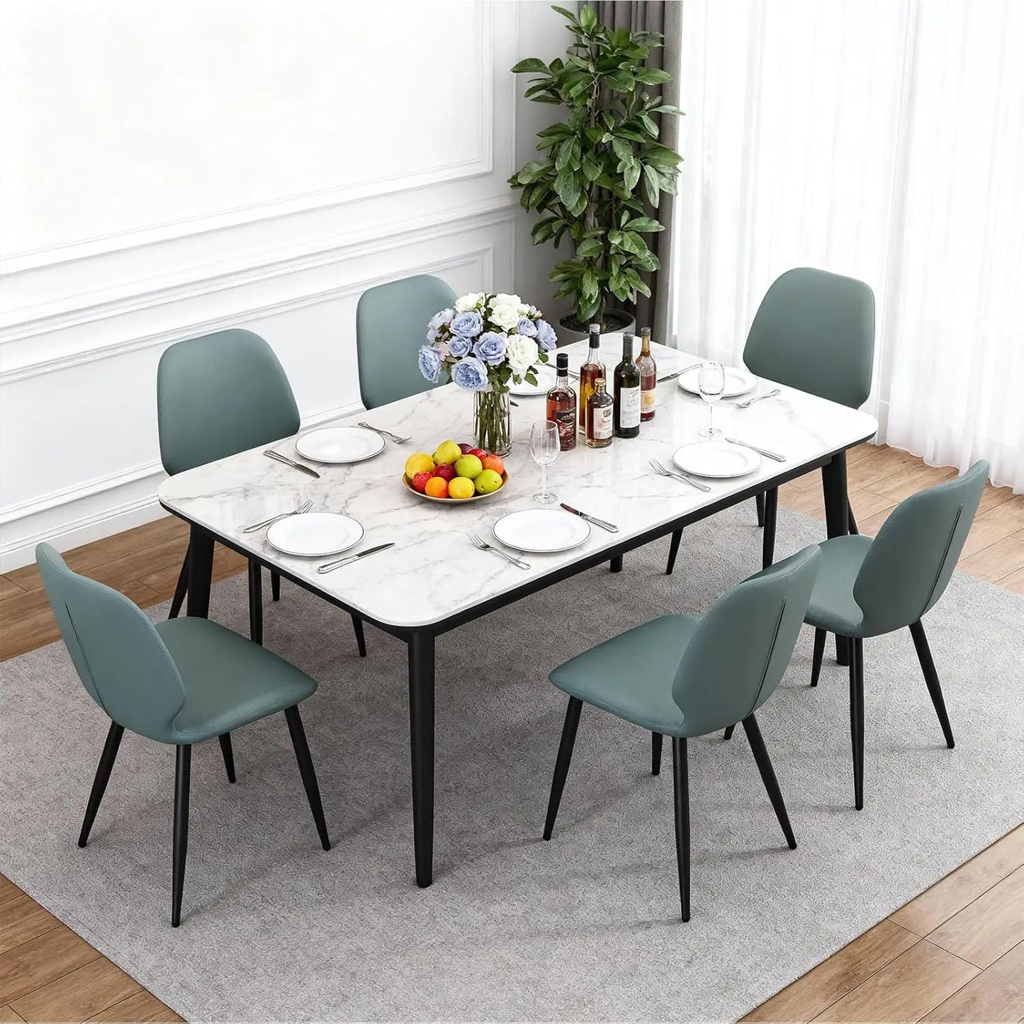 Set of 6, Mid Century Leather Upholstered Chairs with Breathable Seat