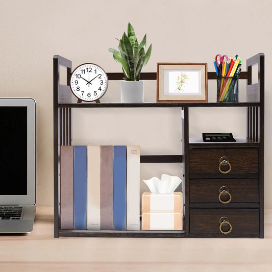 Bamboo Desktop Organizer with Storage Shelves & 3 Drawers