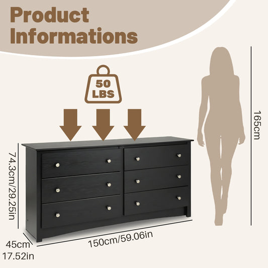 59" Wide Chest of Drawers with 6 Wood Drawers for Storage