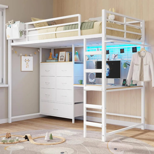 Kid Safe Twin Size Loft Bed with L-Shaped Desk, 7 Drawers, LED Lights & Charging Station