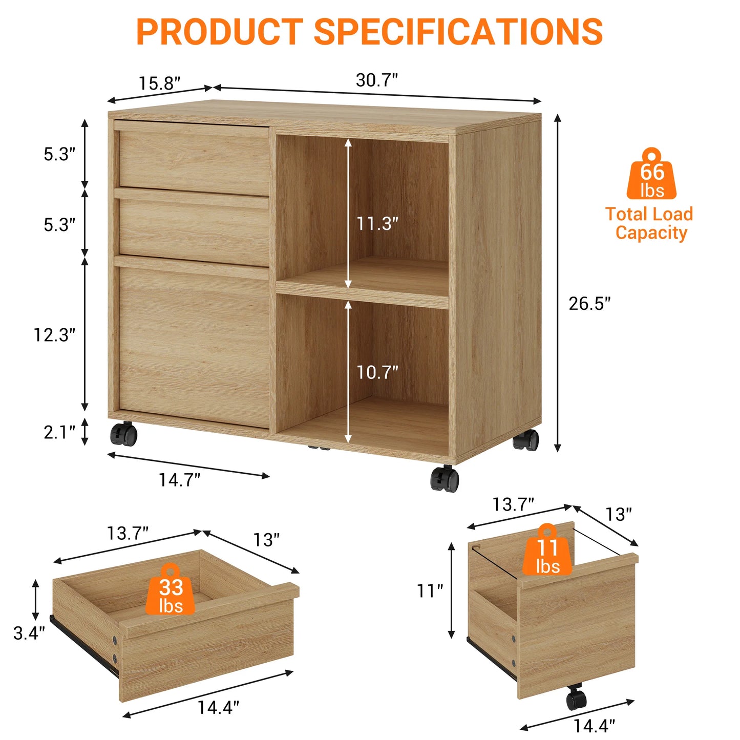 Rolling 3 Drawer Wood File Cabinet with Open Storage Shelves