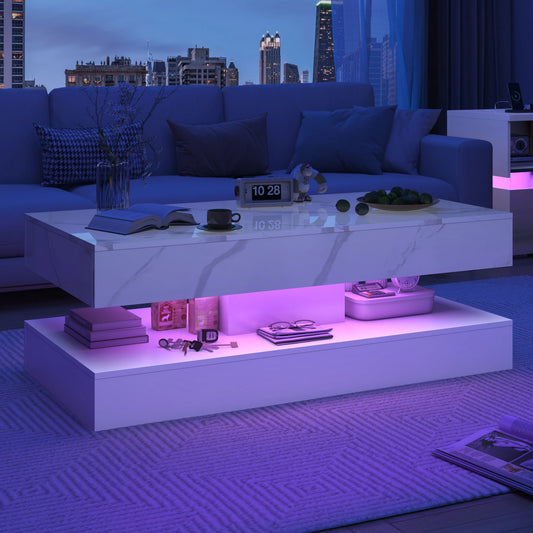 Double-Layer Coffee Table with LED lights & 2 Storage Drawers