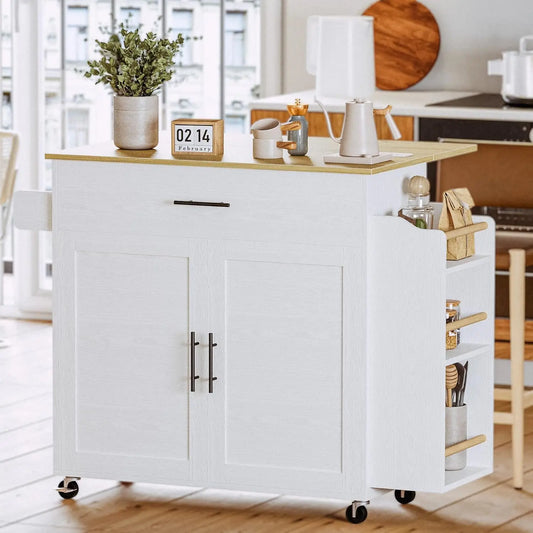 Rolling Kitchen Island with Drop Leaf & Spice Rack Shelf