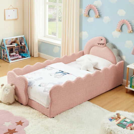 Cute Dinosaur-Shaped Wooden Kids Bed with Safety Guardrail