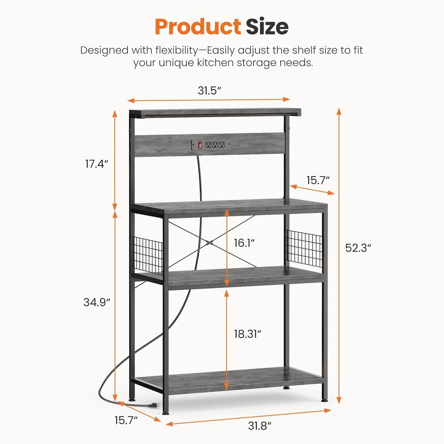 Kitchen Bakers Rack with Power Outlet & Adjustable Storage Shelf