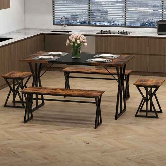 5-Piece Dining Room Set with 2 Benches & 2 Stools