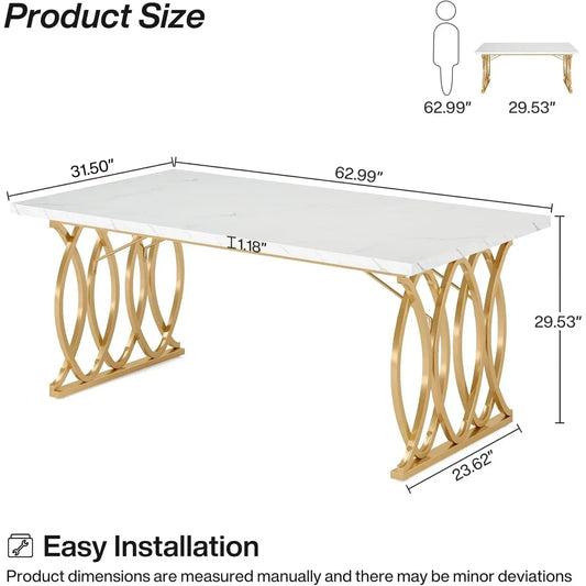 Faux Marble Modern Dining Table with Golden Geometric Legs