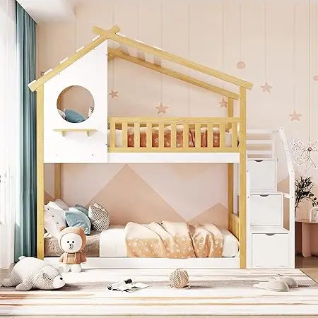 Stairway House Bunk Bed Frame with Storage and Guard Rail