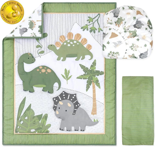 3-Piece Dinosaur Nursery Bedding Set for Boys - Crib Sheet, Quilt & Skirt