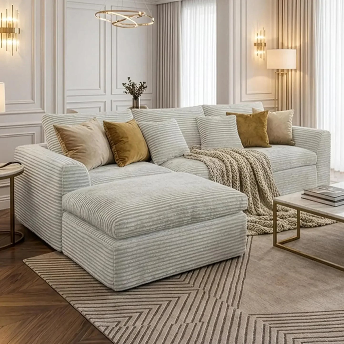 108” Cloud Corduroy Sectional Sofa with Deep Seating Comfort
