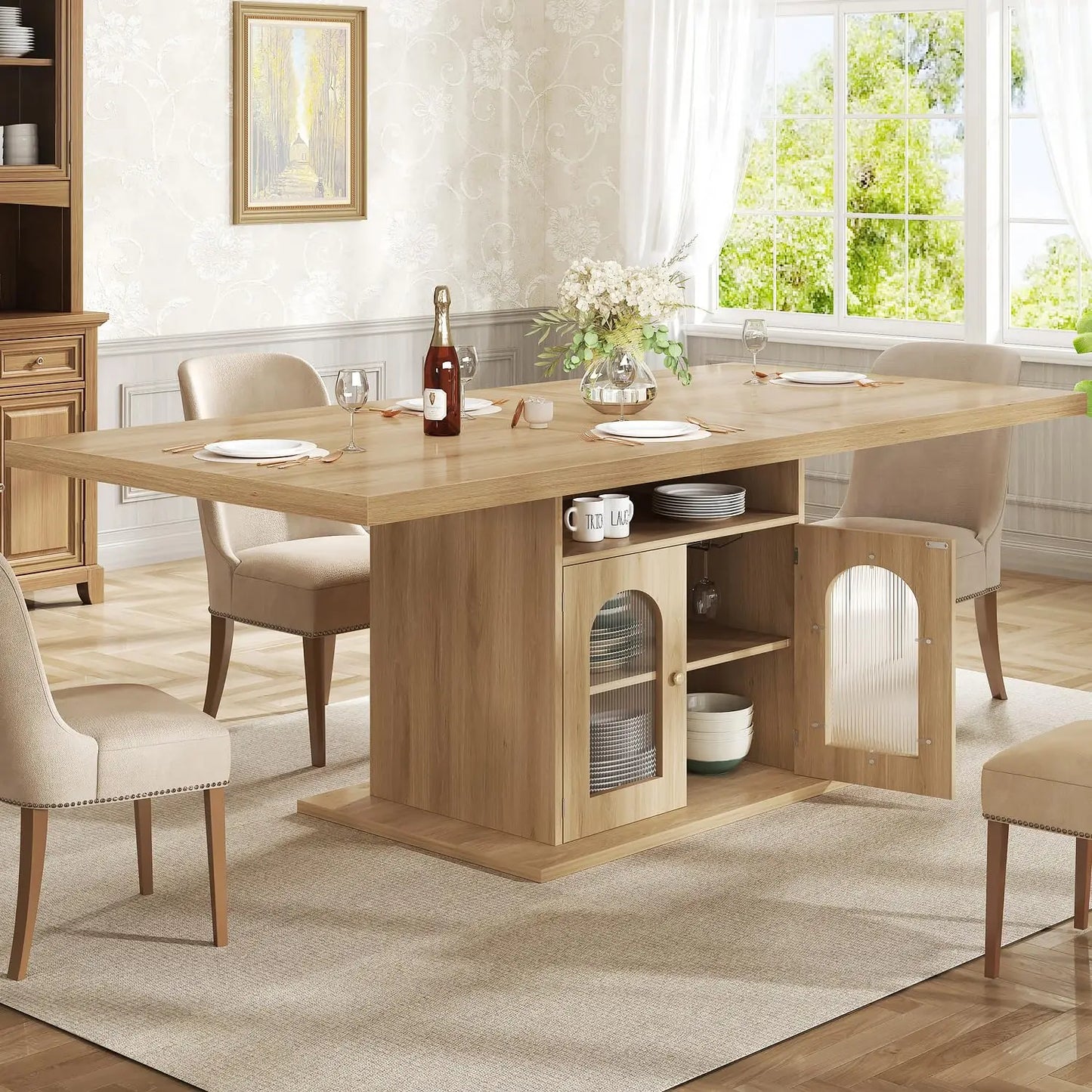 63" Rectangle Faux Marble Top Dining Table with Storage Shelves Seats 4-6