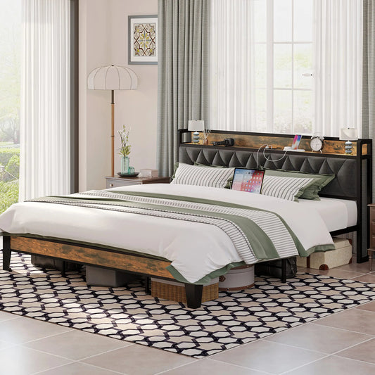 Multi Size Bed Frames with Storage Headboard