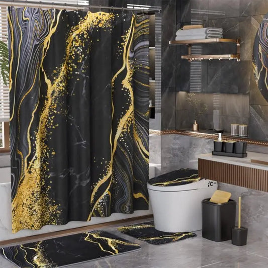 Black and Gold Shower Curtain Set with Rugs and Accessories