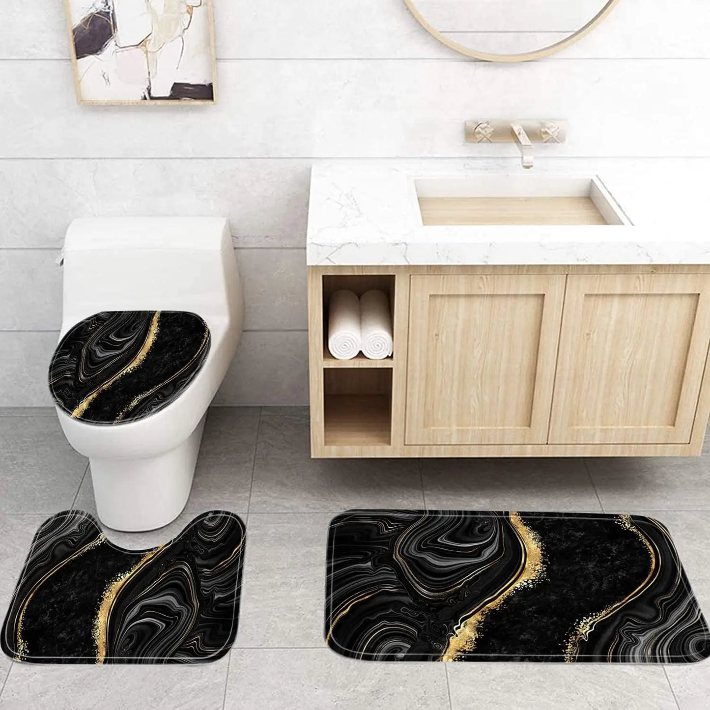 4-Piece Black Marble Shower Curtain Set with Rugs