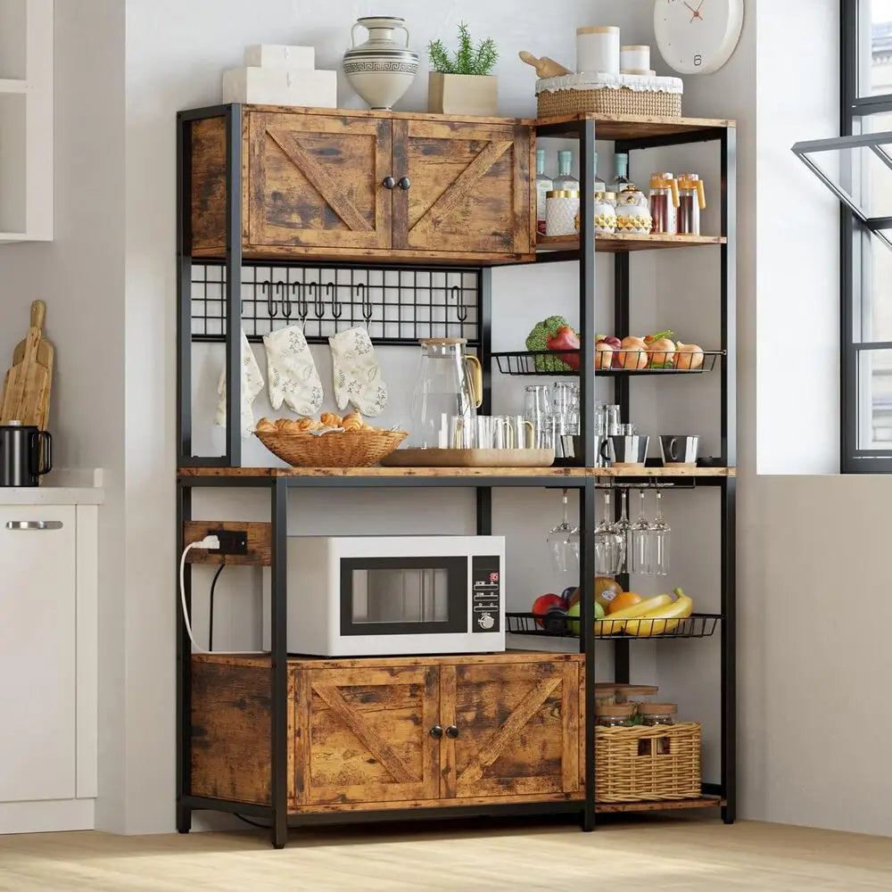 Bakers/ Microwave Stand with 2 Storage Cabinets & Power Outlet