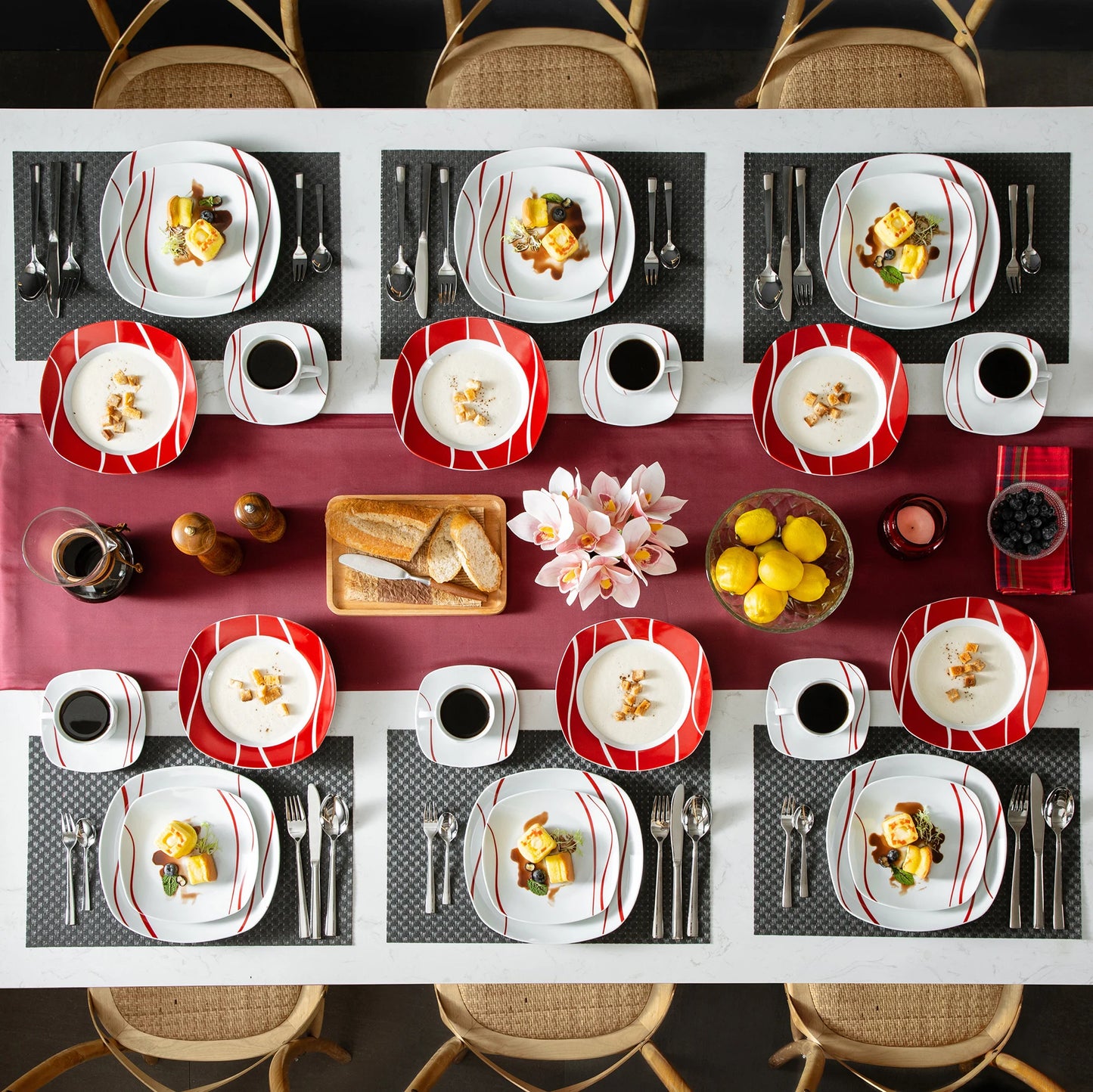 30 Piece Red Stripes Ivory White Porcelain Dinner Set