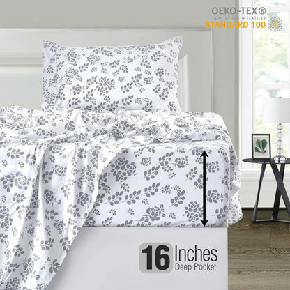 Floral Bed Sheet Set - Ultra-Soft Microfiber Sheets with 16 inch Deep Pocket