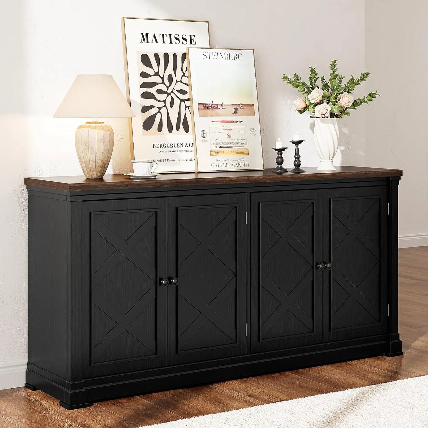 63 Inch Solid Wood Sideboard Buffet Cabinet w/ 4 Barn Doors