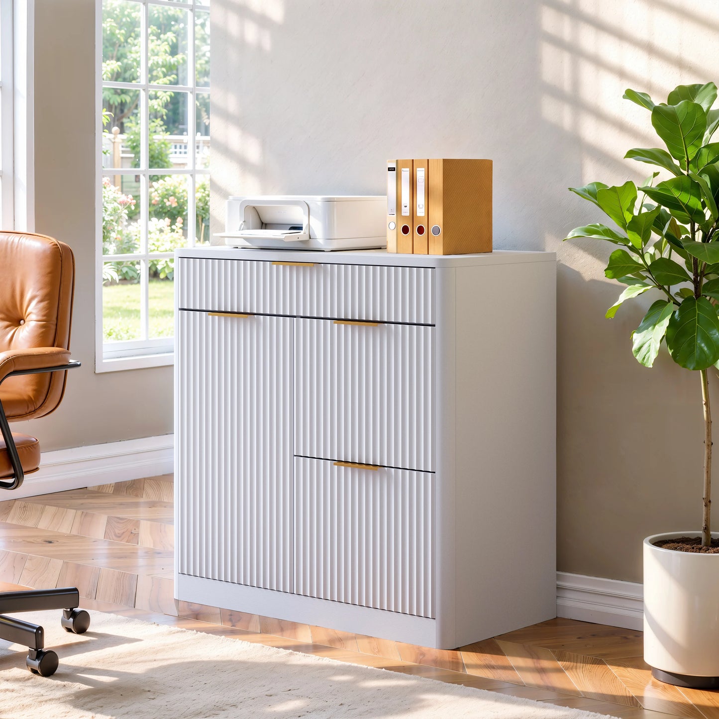 Fluted File Cabinet with Charging Station, Storage Drawers & Door
