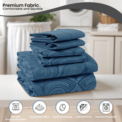 6Pc Paisley Sheet Set – Soft Microfiber, Wrinkle-Free, Luxurious Printed Bed Sheets
