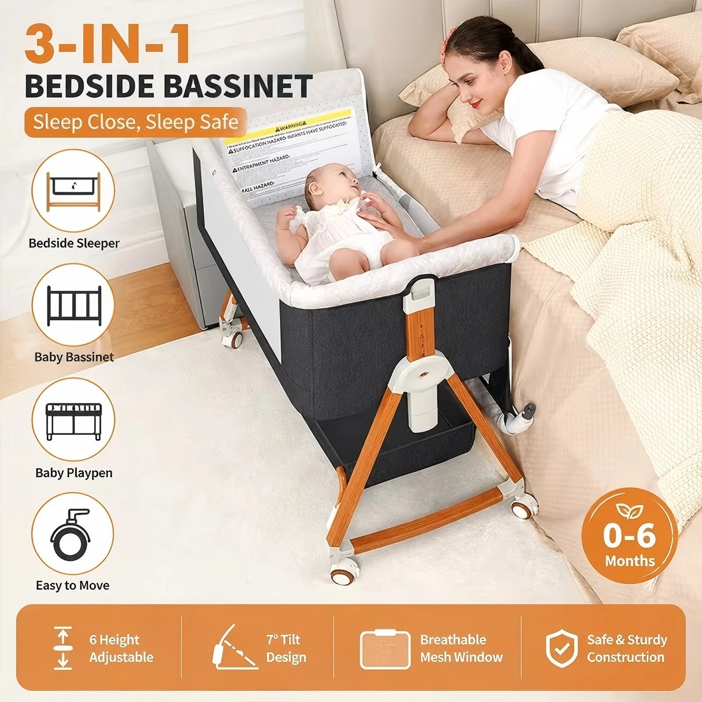 Portable Bedside Bassinet with Adjustable Height & Wheels