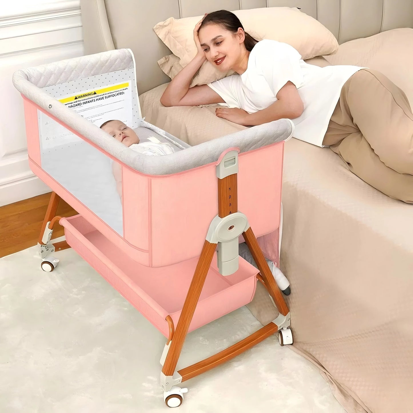Portable Bedside Bassinet with Adjustable Height & Wheels
