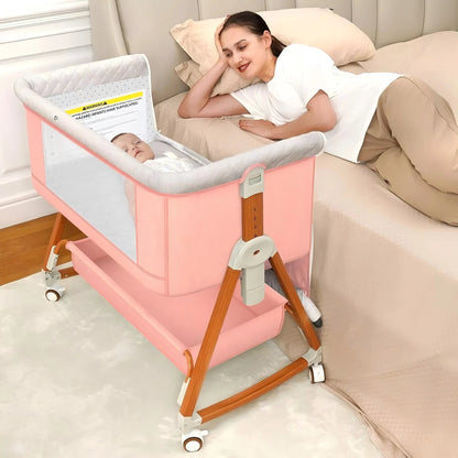 Portable Bedside Bassinet with Adjustable Height & Wheels
