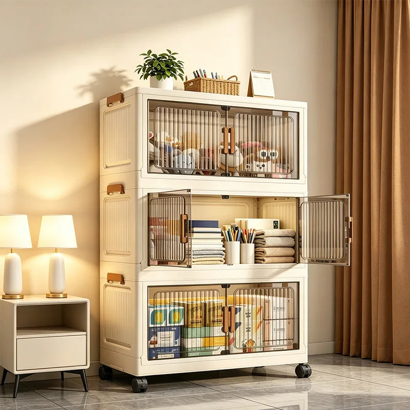 3/4/5/6-Tier Foldable Storage Cabinet with Wheels & Magnetic Doors