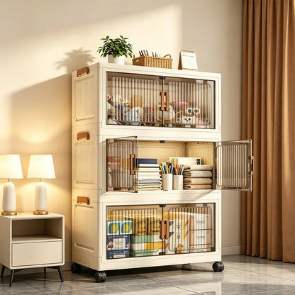 3/4/5/6-Tier Foldable Storage Cabinet with Wheels & Magnetic Doors