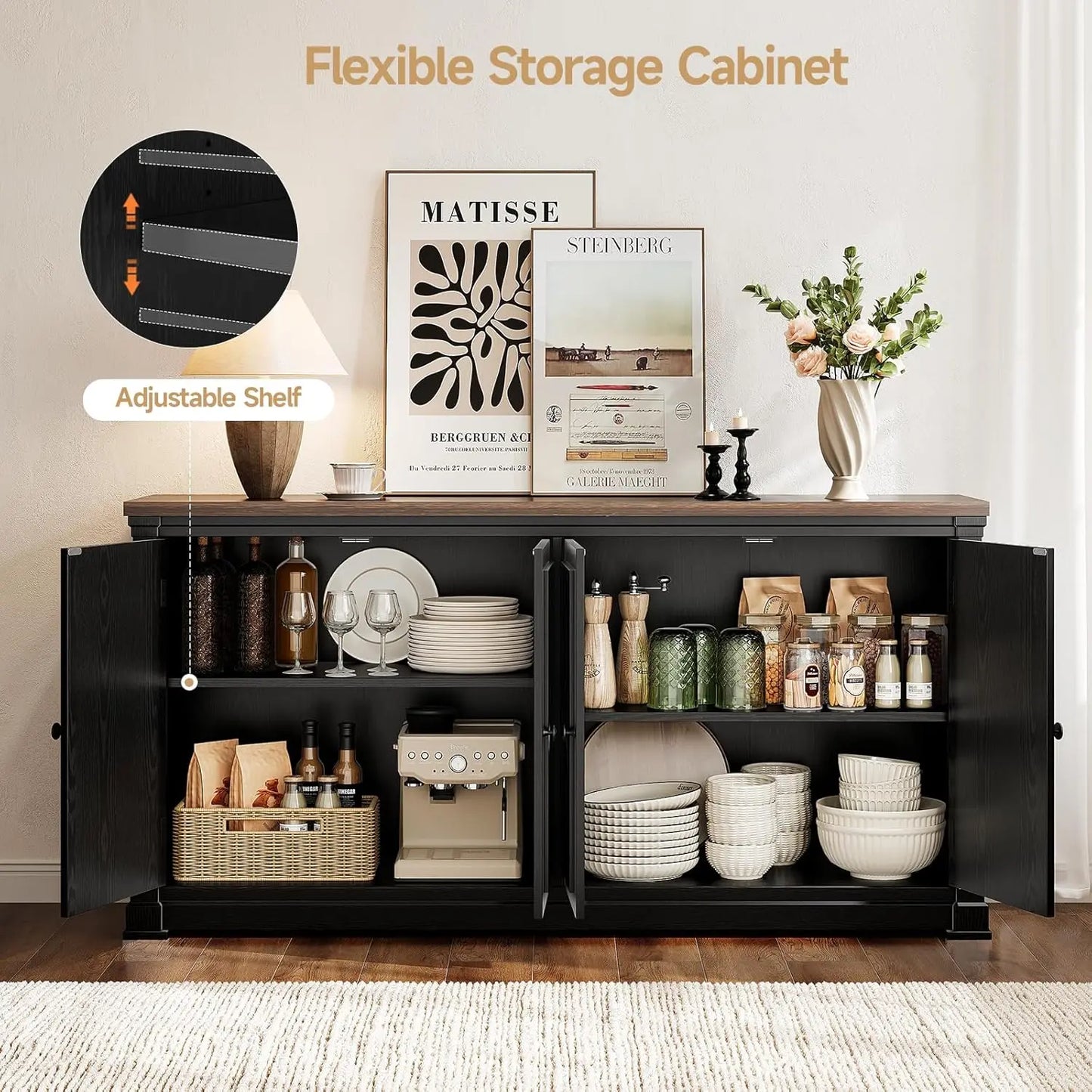 63 Inch Solid Wood Sideboard Buffet Cabinet w/ 4 Barn Doors