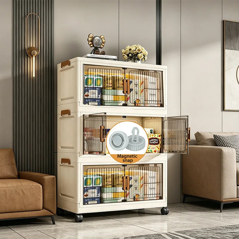 3/4/5/6-Tier Foldable Storage Cabinet with Wheels & Magnetic Doors