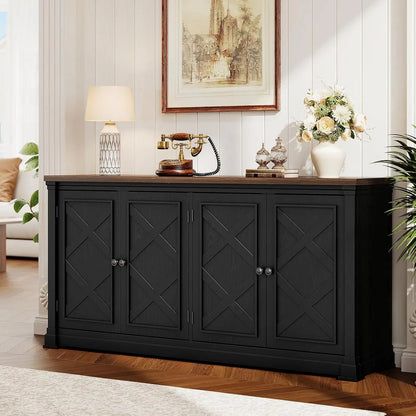63 Inch Solid Wood Sideboard Buffet Cabinet w/ 4 Barn Doors
