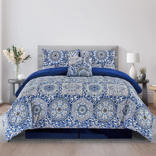 Printed Reversible Comforter Set Includes, Comfort, Bed Skirt, Sham & Pillow Cases
