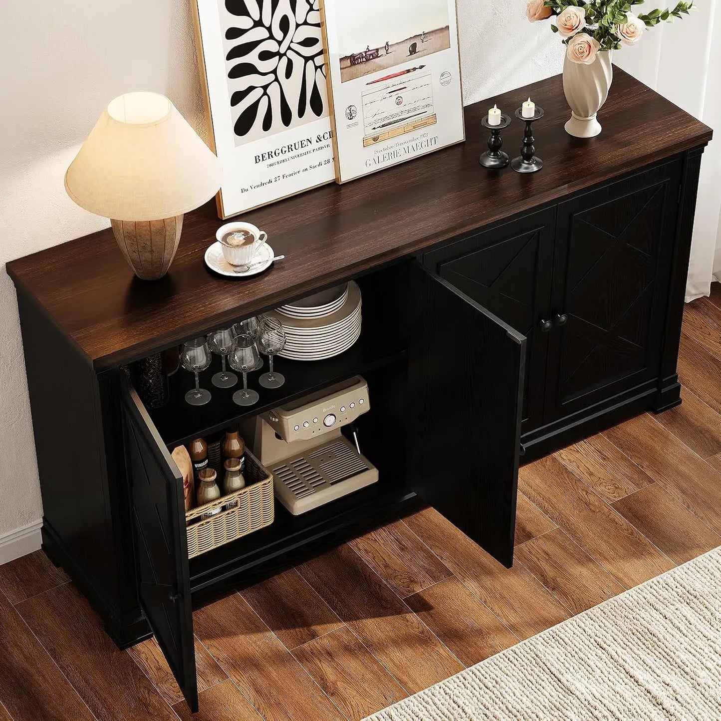 63 Inch Solid Wood Sideboard Buffet Cabinet w/ 4 Barn Doors