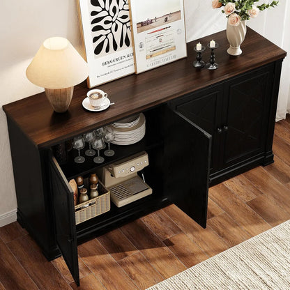 63 Inch Solid Wood Sideboard Buffet Cabinet w/ 4 Barn Doors