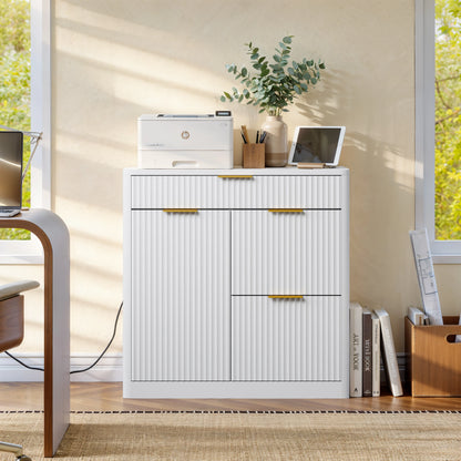 Fluted File Cabinet with Charging Station, Storage Drawers & Door