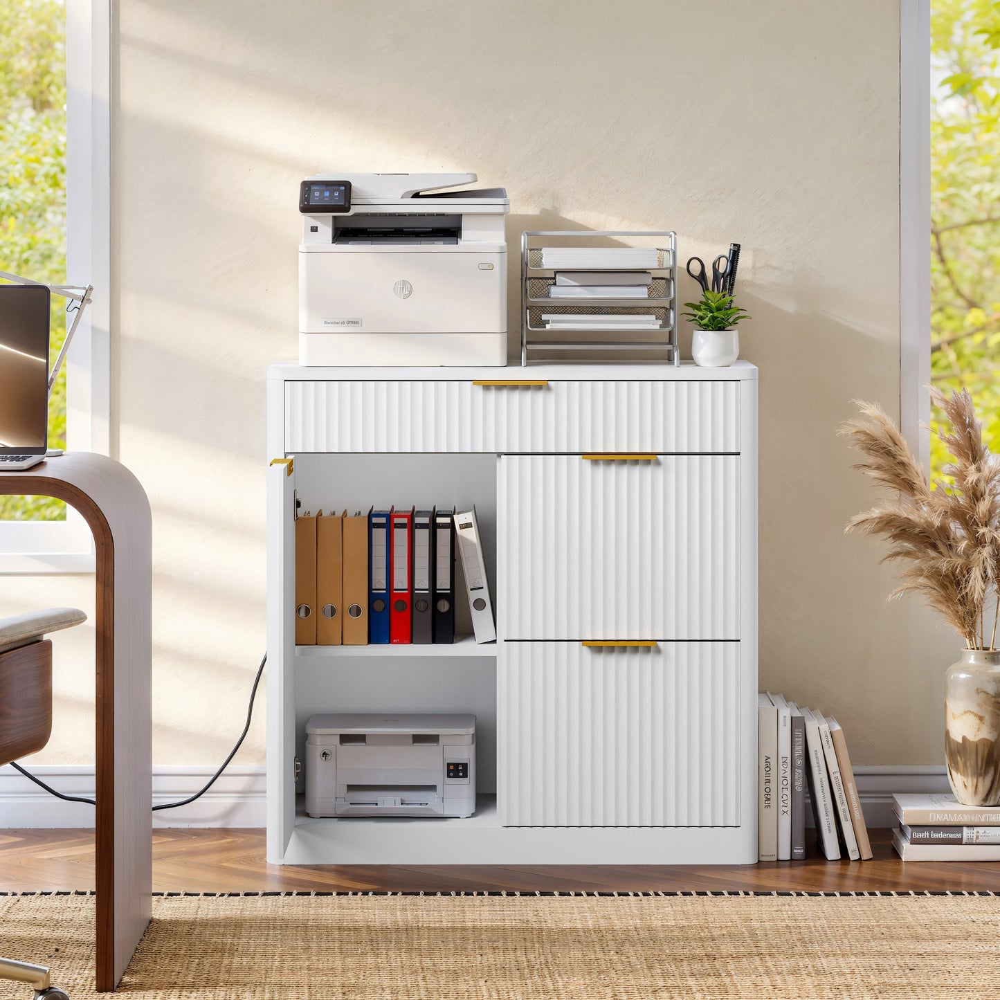 Fluted File Cabinet with Charging Station, Storage Drawers & Door