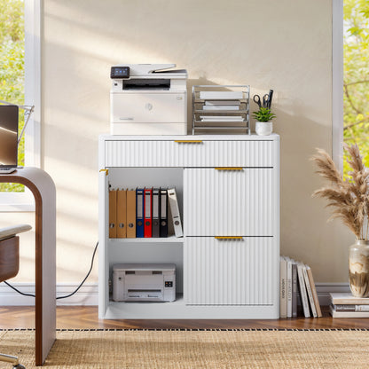Fluted File Cabinet with Charging Station, Storage Drawers & Door