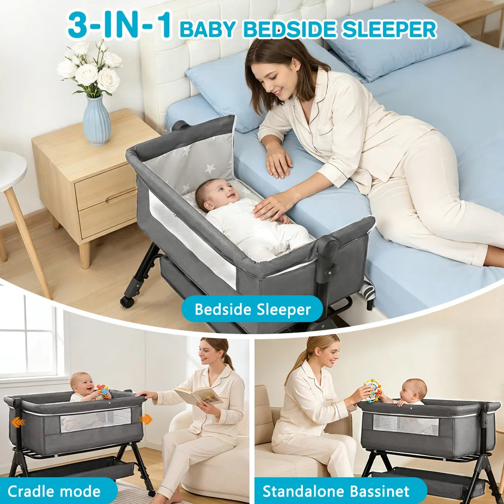 Portable Baby Bassinet, Foldable & Height Adjustable