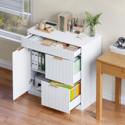 Fluted File Cabinet with Charging Station, Storage Drawers & Door