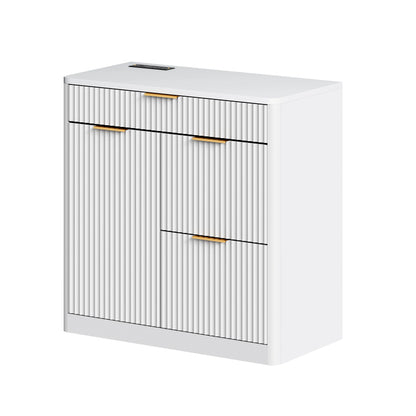 Fluted File Cabinet with Charging Station, Storage Drawers & Door
