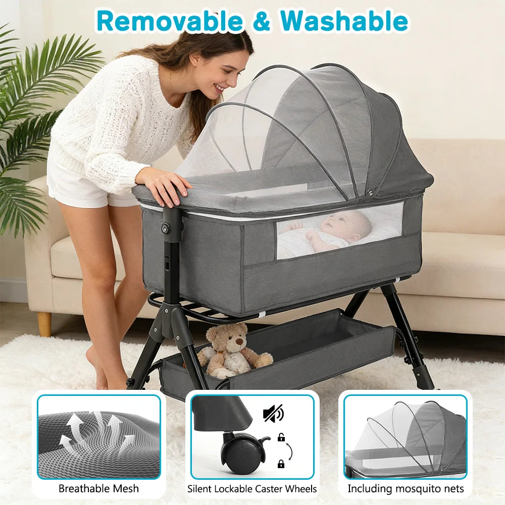 Portable Baby Bassinet, Foldable & Height Adjustable